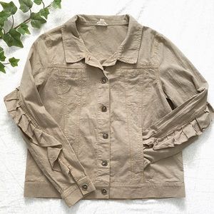 Hem & Thread rugged ruffled back/sleeve button down shirt, taupe